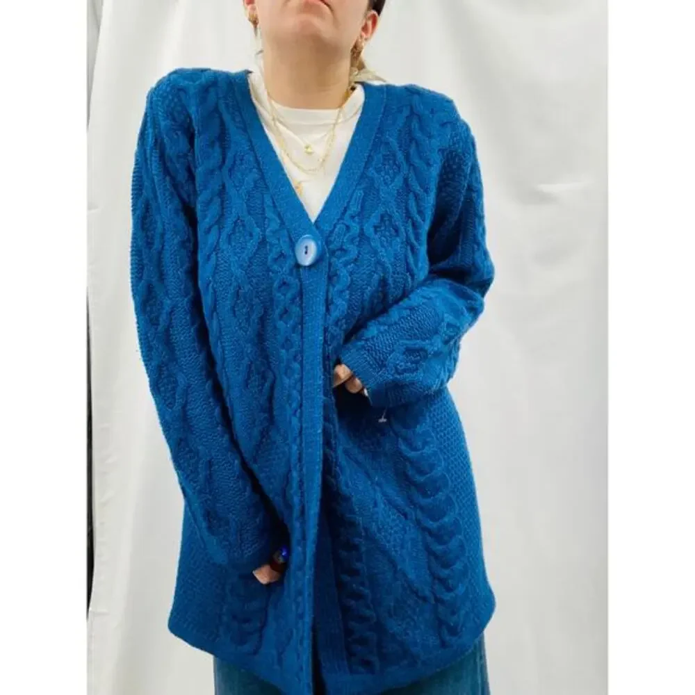 Arancrafts L blue 100% wool cable‎ knit single button long cardigan sweater
